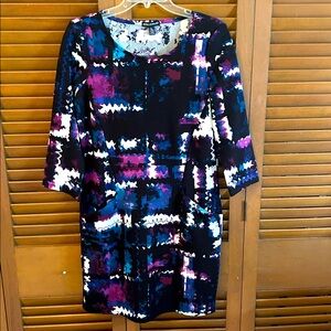 | NWT Nina Leonard 3/4 Sleeve, Knee Length Dress in Black, Blue, and Purple - S